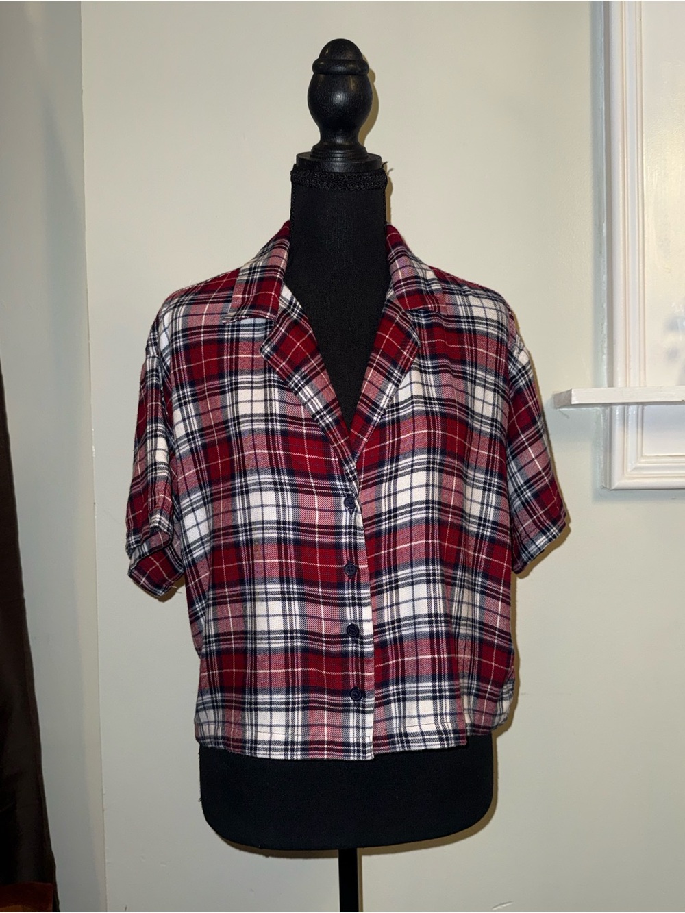 Garage Red, White and Black Plaid Short-Sleeve Button-Down Top